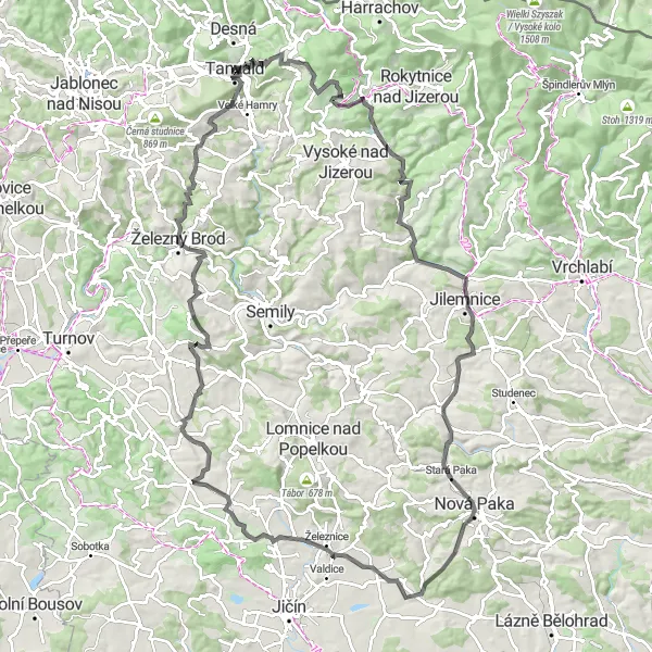 Map miniature of "Discovering Tanvald's Road Cycling Treasures" cycling inspiration in Severovýchod, Czech Republic. Generated by Tarmacs.app cycling route planner