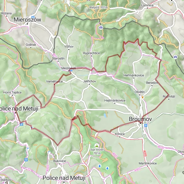 Mapa miniatúra "Gravelový zážitek kolem Teplic nad Metují" cyklistická inšpirácia v Severovýchod, Czech Republic. Vygenerované cyklistickým plánovačom trás Tarmacs.app