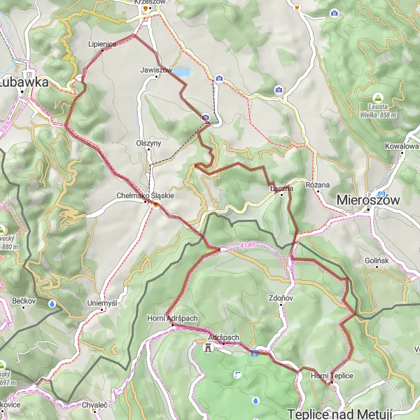 Map miniature of "Gravel Delights: Chełmska Pass to Horní Teplice" cycling inspiration in Severovýchod, Czech Republic. Generated by Tarmacs.app cycling route planner
