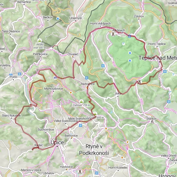 Karten-Miniaturansicht der Radinspiration "Gravel Tour durch das Adršpach-Teplice Felsenlabyrinth" in Severovýchod, Czech Republic. Erstellt vom Tarmacs.app-Routenplaner für Radtouren