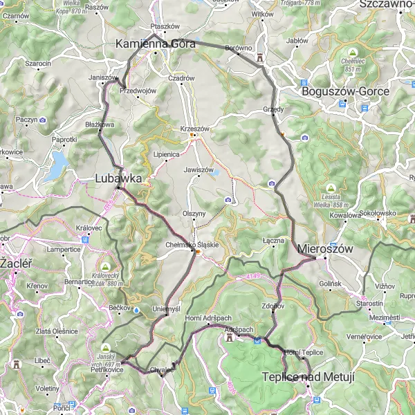 Miniaturní mapa "Road trasa přes Chvaleč a Czarny Bór" inspirace pro cyklisty v oblasti Severovýchod, Czech Republic. Vytvořeno pomocí plánovače tras Tarmacs.app