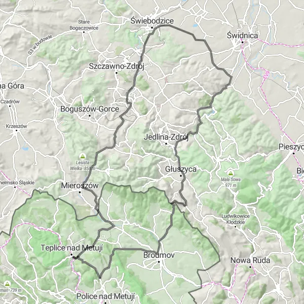 Mapa miniatúra "Road Route to Wałbrzych and Honský Špičák" cyklistická inšpirácia v Severovýchod, Czech Republic. Vygenerované cyklistickým plánovačom trás Tarmacs.app