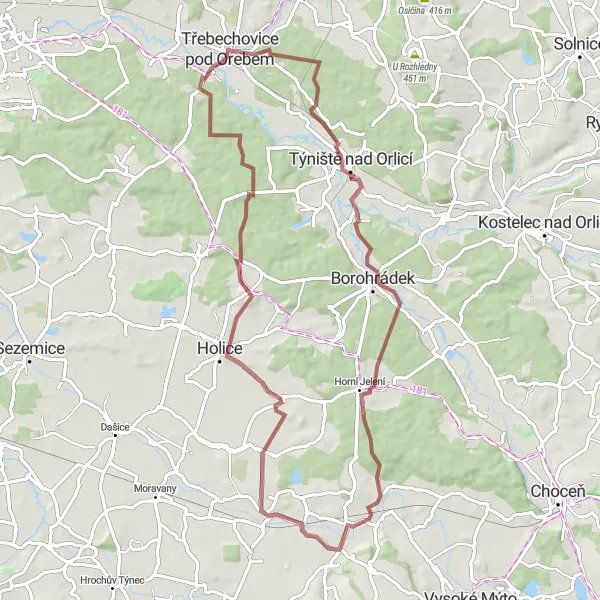 Map miniature of "Gravel Adventure from Třebechovice pod Orebem to Oreb" cycling inspiration in Severovýchod, Czech Republic. Generated by Tarmacs.app cycling route planner