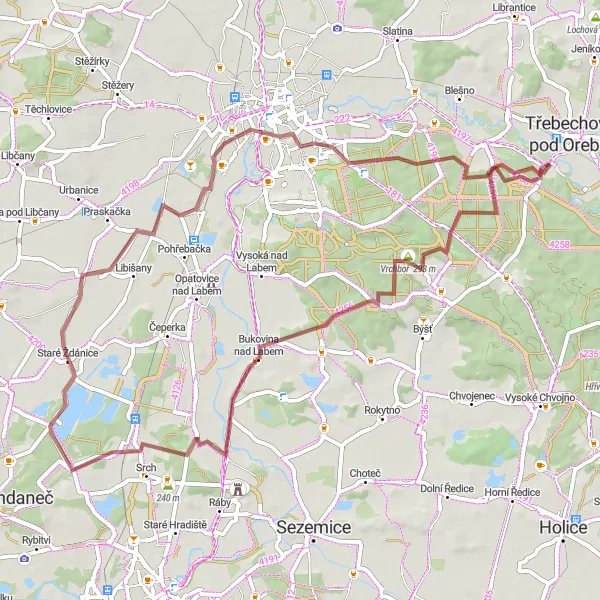 Miniaturní mapa "Gravelový okruh přes Hradec Králové" inspirace pro cyklisty v oblasti Severovýchod, Czech Republic. Vytvořeno pomocí plánovače tras Tarmacs.app