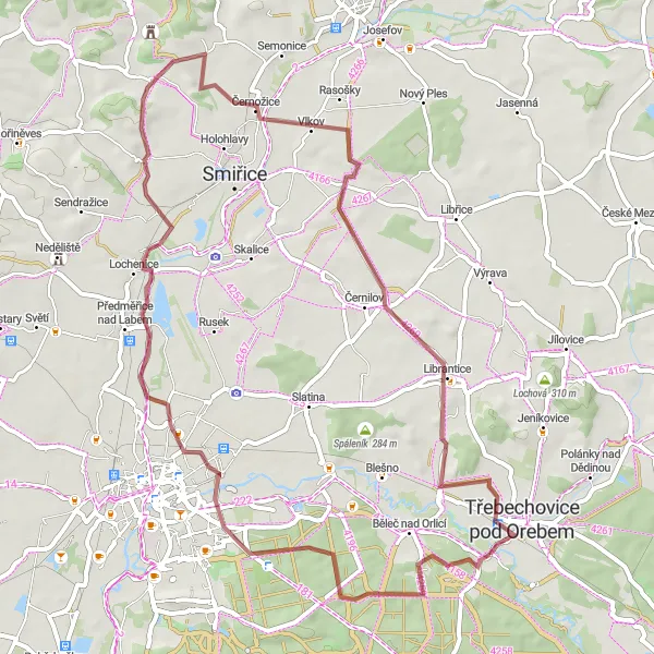 Miniaturní mapa "Mezi Třebechovicemi pod Orebem a Libranticemi" inspirace pro cyklisty v oblasti Severovýchod, Czech Republic. Vytvořeno pomocí plánovače tras Tarmacs.app