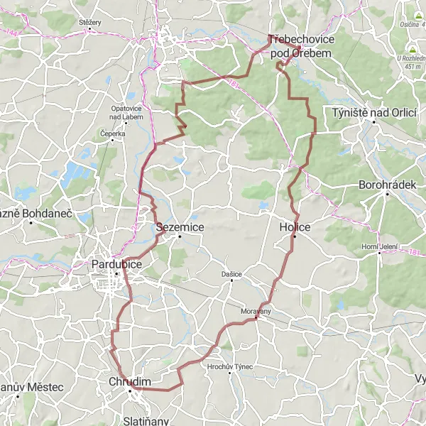 Mapa miniatúra "Gravel Adventure to Vejvanovice and Kunětická hora" cyklistická inšpirácia v Severovýchod, Czech Republic. Vygenerované cyklistickým plánovačom trás Tarmacs.app