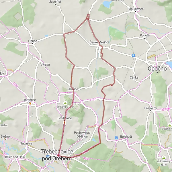 Mapa miniatúra "Gravelová cyklotrasa cez obec Oreb" cyklistická inšpirácia v Severovýchod, Czech Republic. Vygenerované cyklistickým plánovačom trás Tarmacs.app