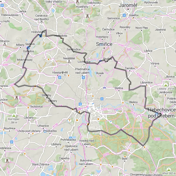 Karten-Miniaturansicht der Radinspiration "Straßenradtour in der Nähe von Třebechovice pod Orebem" in Severovýchod, Czech Republic. Erstellt vom Tarmacs.app-Routenplaner für Radtouren