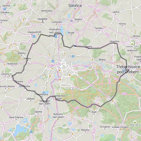 Map miniature of "Tour of the Eastern Hills" cycling inspiration in Severovýchod, Czech Republic. Generated by Tarmacs.app cycling route planner