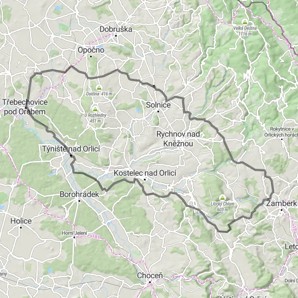 Map miniature of "Hilltop Adventure" cycling inspiration in Severovýchod, Czech Republic. Generated by Tarmacs.app cycling route planner