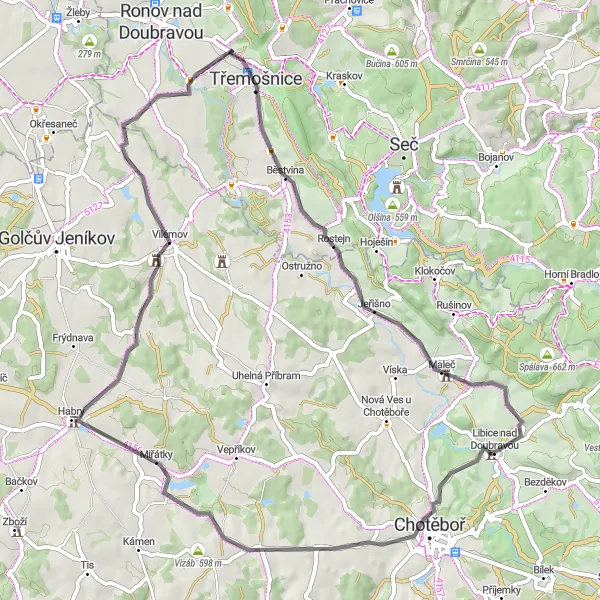 Mapa miniatúra "Cyklotrasa okolo Třemošnice a čarovných miest po ceste" cyklistická inšpirácia v Severovýchod, Czech Republic. Vygenerované cyklistickým plánovačom trás Tarmacs.app