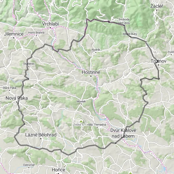Miniaturní mapa "Kolem Trutnova do Krkonoš" inspirace pro cyklisty v oblasti Severovýchod, Czech Republic. Vytvořeno pomocí plánovače tras Tarmacs.app