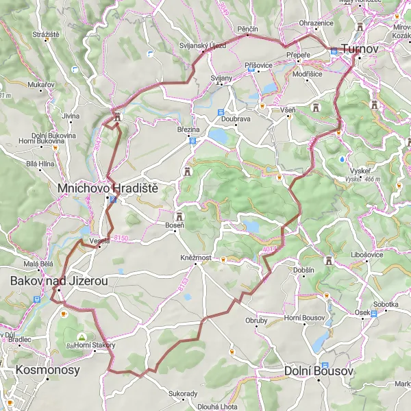 Miniaturní mapa "Trasa po okolí Turnova - Mohelnice nad Jizerou" inspirace pro cyklisty v oblasti Severovýchod, Czech Republic. Vytvořeno pomocí plánovače tras Tarmacs.app