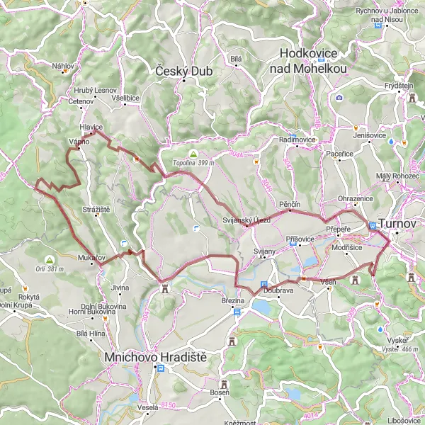 Miniaturní mapa "Gravel trasa nad Turnovem" inspirace pro cyklisty v oblasti Severovýchod, Czech Republic. Vytvořeno pomocí plánovače tras Tarmacs.app