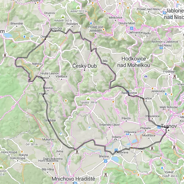 Miniaturní mapa "Okružní cyklistická trasa z Turnova" inspirace pro cyklisty v oblasti Severovýchod, Czech Republic. Vytvořeno pomocí plánovače tras Tarmacs.app