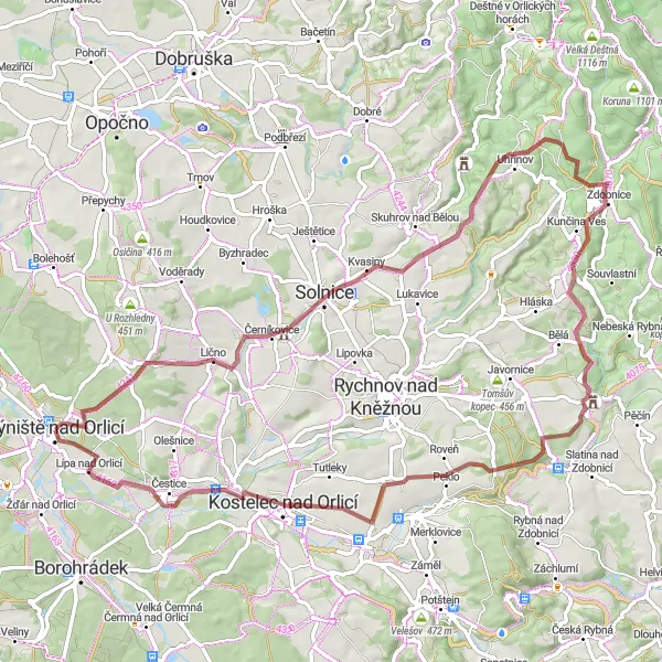 Map miniature of "Týniště nad Orlicí to Lípa nad Orlicí Gravel Cycling Route" cycling inspiration in Severovýchod, Czech Republic. Generated by Tarmacs.app cycling route planner