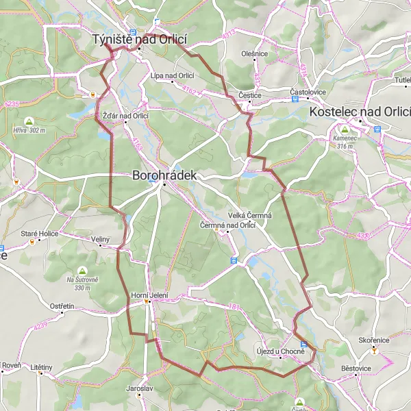 Mapa miniatúra "Gravel trasou cez Petranův kopec a Veliny" cyklistická inšpirácia v Severovýchod, Czech Republic. Vygenerované cyklistickým plánovačom trás Tarmacs.app