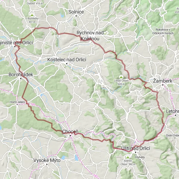 Miniaturní mapa "Extrémní gravelový okruh kolem Týniště nad Orlicí" inspirace pro cyklisty v oblasti Severovýchod, Czech Republic. Vytvořeno pomocí plánovače tras Tarmacs.app