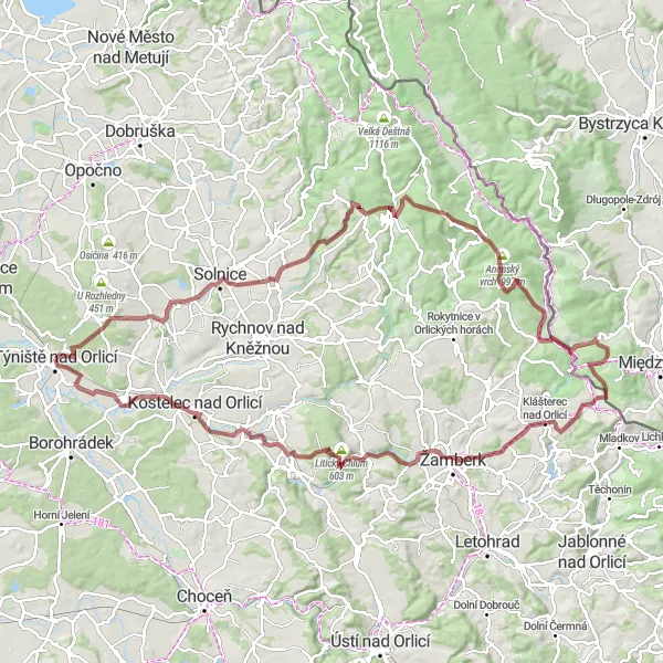 Miniaturní mapa "Gravel Tour around Týniště nad Orlicí" inspirace pro cyklisty v oblasti Severovýchod, Czech Republic. Vytvořeno pomocí plánovače tras Tarmacs.app