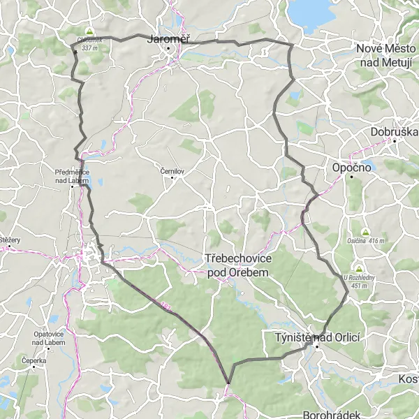 Miniaturní mapa "Relaxační cyklotrasa přes malebná údolí" inspirace pro cyklisty v oblasti Severovýchod, Czech Republic. Vytvořeno pomocí plánovače tras Tarmacs.app