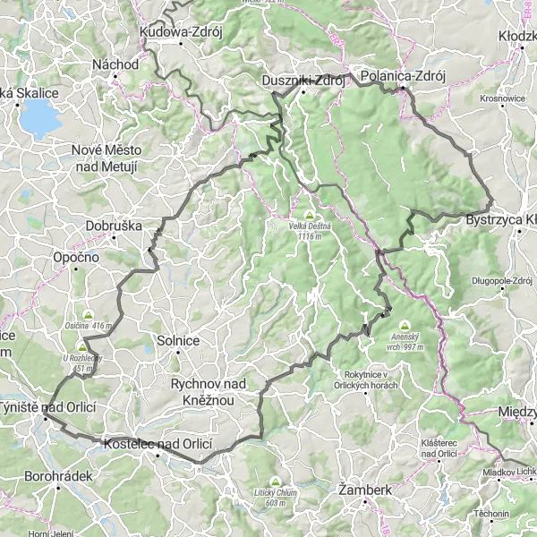 Karten-Miniaturansicht der Radinspiration "Rund um Berge und Täler" in Severovýchod, Czech Republic. Erstellt vom Tarmacs.app-Routenplaner für Radtouren