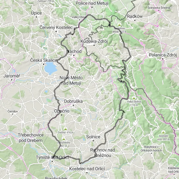 Map miniature of "Orlické Hory Panorama Road Cycling" cycling inspiration in Severovýchod, Czech Republic. Generated by Tarmacs.app cycling route planner