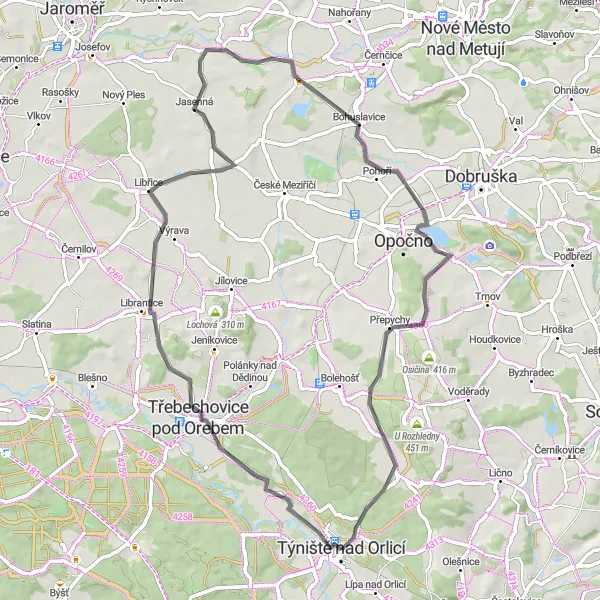 Map miniature of "The Orlicé Circuit" cycling inspiration in Severovýchod, Czech Republic. Generated by Tarmacs.app cycling route planner