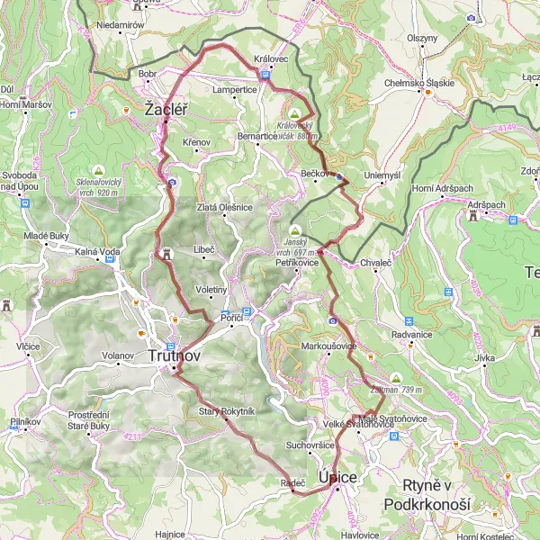 Map miniature of "Gravel Route: Úpice to Starý Rokytník" cycling inspiration in Severovýchod, Czech Republic. Generated by Tarmacs.app cycling route planner