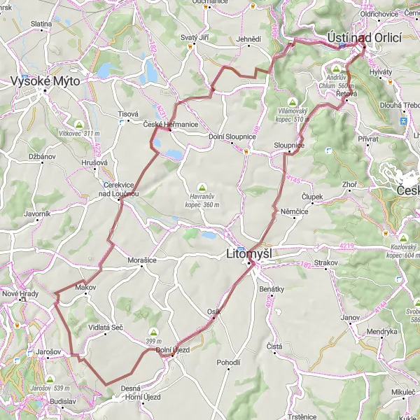 Miniaturní mapa "Stříbrná krasavice - Kerhartice gravel route" inspirace pro cyklisty v oblasti Severovýchod, Czech Republic. Vytvořeno pomocí plánovače tras Tarmacs.app