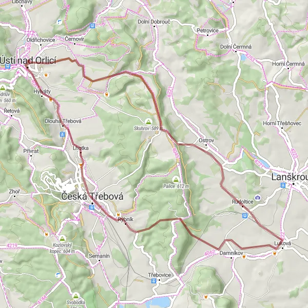 Mapa miniatúra "Gravelový okruh Rudoltice" cyklistická inšpirácia v Severovýchod, Czech Republic. Vygenerované cyklistickým plánovačom trás Tarmacs.app