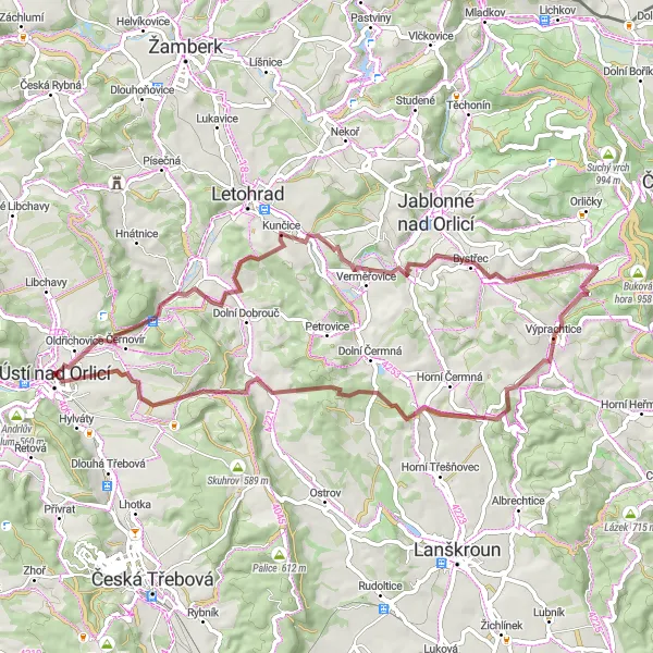 Miniatura mapy "Trasa Gravel: Ústí nad Orlicí - Zlatá hora" - trasy rowerowej w Severovýchod, Czech Republic. Wygenerowane przez planer tras rowerowych Tarmacs.app