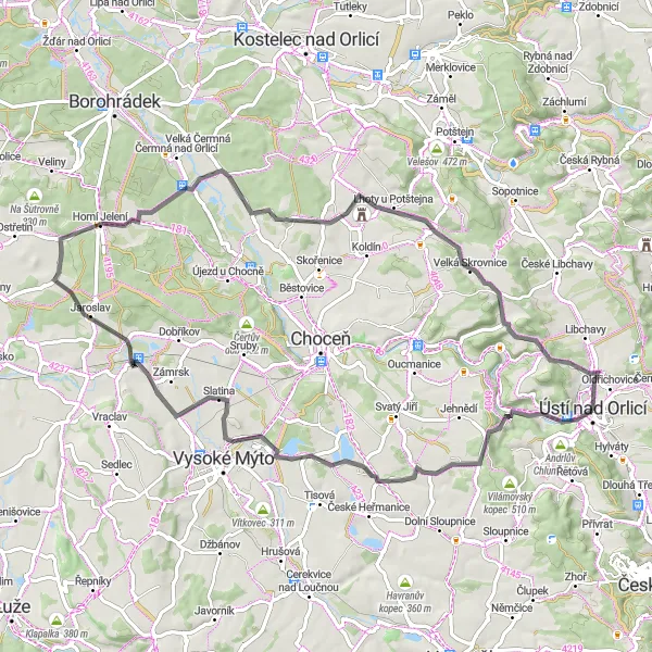 Map miniature of "The Hills of Ústí nad Orlicí" cycling inspiration in Severovýchod, Czech Republic. Generated by Tarmacs.app cycling route planner