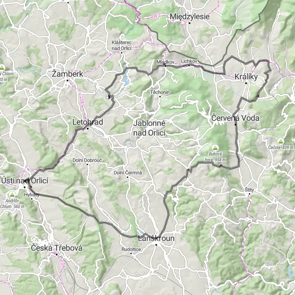 Miniaturní mapa "Vadětín - Červená Voda loop" inspirace pro cyklisty v oblasti Severovýchod, Czech Republic. Vytvořeno pomocí plánovače tras Tarmacs.app