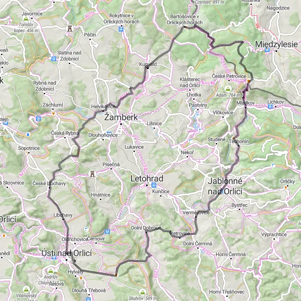 Mapa miniatúra "Cyklotúra Herzán" cyklistická inšpirácia v Severovýchod, Czech Republic. Vygenerované cyklistickým plánovačom trás Tarmacs.app