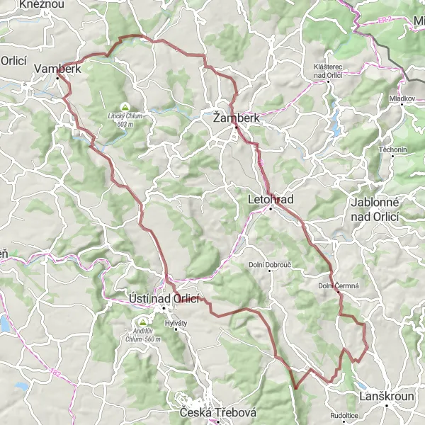 Miniaturní mapa "Vamberk a okolí - Gravelová jízda do Potštějna" inspirace pro cyklisty v oblasti Severovýchod, Czech Republic. Vytvořeno pomocí plánovače tras Tarmacs.app