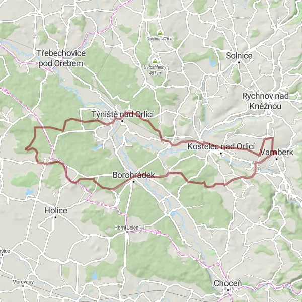 Miniaturní mapa "Gravelová trasa z Vamberka na Týniště nad Orlicí" inspirace pro cyklisty v oblasti Severovýchod, Czech Republic. Vytvořeno pomocí plánovače tras Tarmacs.app