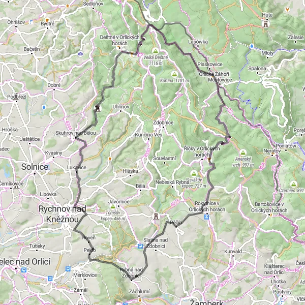 Map miniature of "Roads of Orlické Záhoří" cycling inspiration in Severovýchod, Czech Republic. Generated by Tarmacs.app cycling route planner