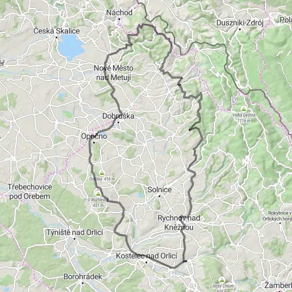 Mapa miniatúra "Okruhová trasa Přes vrcholky" cyklistická inšpirácia v Severovýchod, Czech Republic. Vygenerované cyklistickým plánovačom trás Tarmacs.app