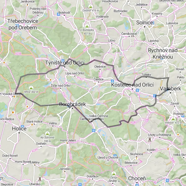 Map miniature of "Road Cycling Route - Vamberk Hill Explorer" cycling inspiration in Severovýchod, Czech Republic. Generated by Tarmacs.app cycling route planner