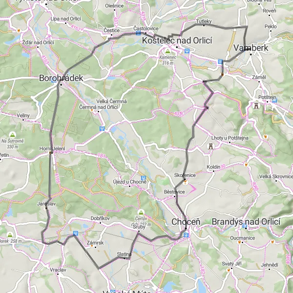 Map miniature of "Road Cycling Route - Vamberk Hillside Adventure" cycling inspiration in Severovýchod, Czech Republic. Generated by Tarmacs.app cycling route planner