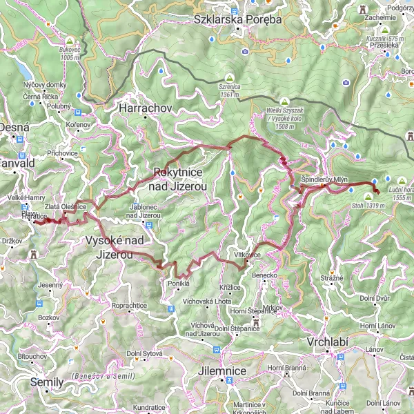 Map miniature of "Krkonoše Gravel Adventure" cycling inspiration in Severovýchod, Czech Republic. Generated by Tarmacs.app cycling route planner