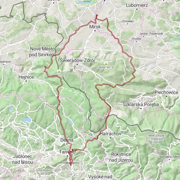 Map miniature of "Hidden Gems of Jizera Mountains" cycling inspiration in Severovýchod, Czech Republic. Generated by Tarmacs.app cycling route planner