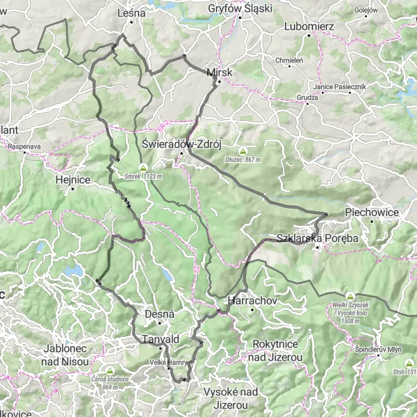 Map miniature of "Road Route to Nové Město pod Smrkem" cycling inspiration in Severovýchod, Czech Republic. Generated by Tarmacs.app cycling route planner