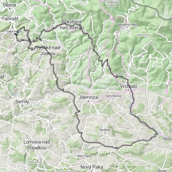 Map miniature of "Circuit around Velké Hamry" cycling inspiration in Severovýchod, Czech Republic. Generated by Tarmacs.app cycling route planner