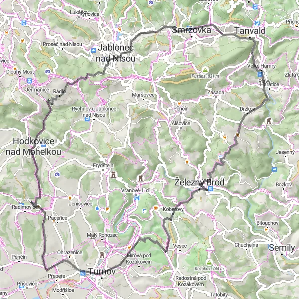 Miniaturní mapa "Cyklotrasa kolem Velkých Hamrů" inspirace pro cyklisty v oblasti Severovýchod, Czech Republic. Vytvořeno pomocí plánovače tras Tarmacs.app