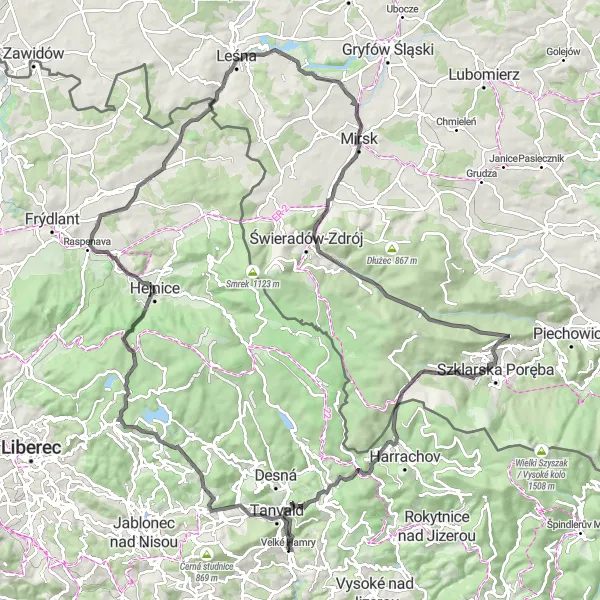 Map miniature of "Scenic Road Cycling in Velké Hamry" cycling inspiration in Severovýchod, Czech Republic. Generated by Tarmacs.app cycling route planner