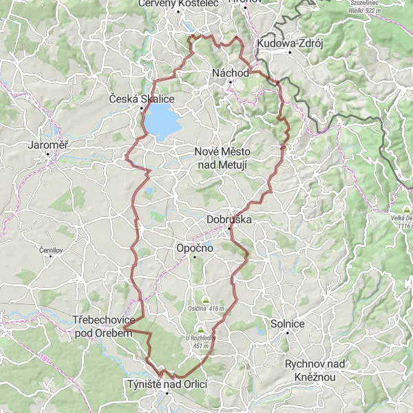 Miniaturní mapa "Exploratory Gravel Cycling Trip to Vlčí hora" inspirace pro cyklisty v oblasti Severovýchod, Czech Republic. Vytvořeno pomocí plánovače tras Tarmacs.app