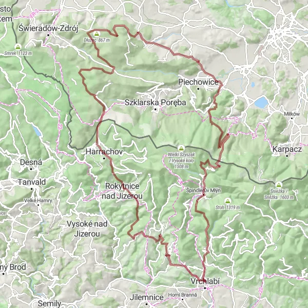 Map miniature of "Gravel Adventure through the Krkonoše Mountains" cycling inspiration in Severovýchod, Czech Republic. Generated by Tarmacs.app cycling route planner