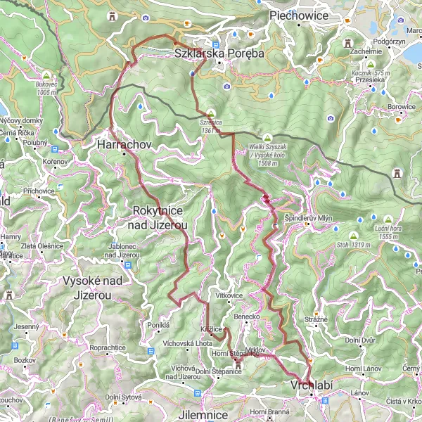 Mapa miniatúra "Krkonošská odysea" cyklistická inšpirácia v Severovýchod, Czech Republic. Vygenerované cyklistickým plánovačom trás Tarmacs.app