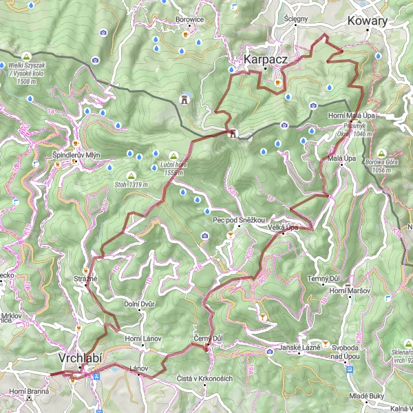 Map miniature of "Snowy Peaks Gravel Loop" cycling inspiration in Severovýchod, Czech Republic. Generated by Tarmacs.app cycling route planner
